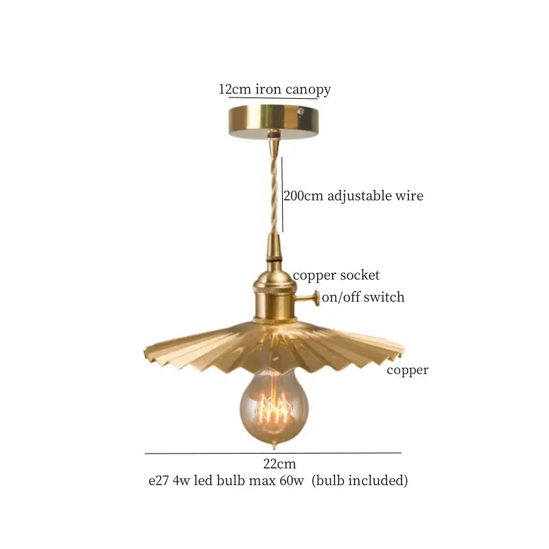 Vintage brass pleated led pendant light dining room edison bulb