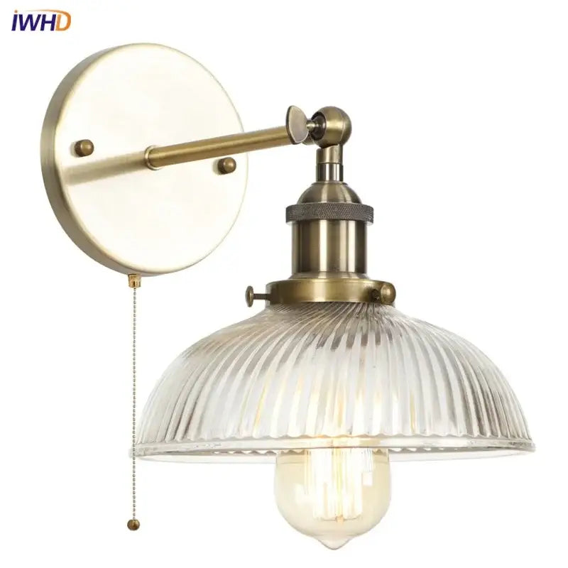 Vintage brass ribbed glass wall sconce bedroom light with pull chain