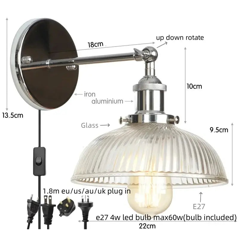 Vintage brass ribbed glass wall sconce bedroom light with pull chain
