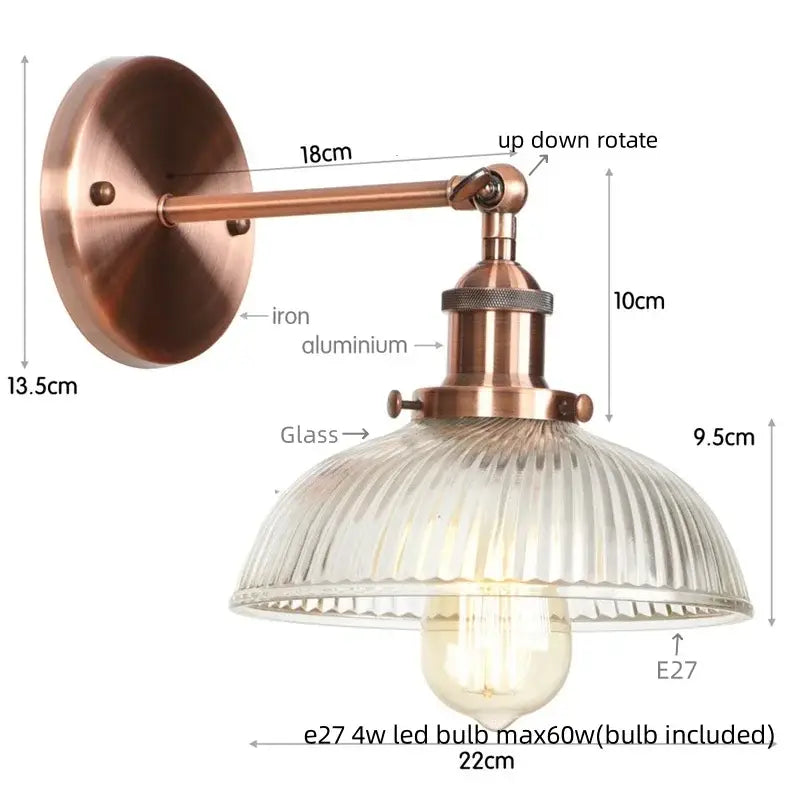 Vintage brass ribbed glass wall sconce bedroom light with pull chain