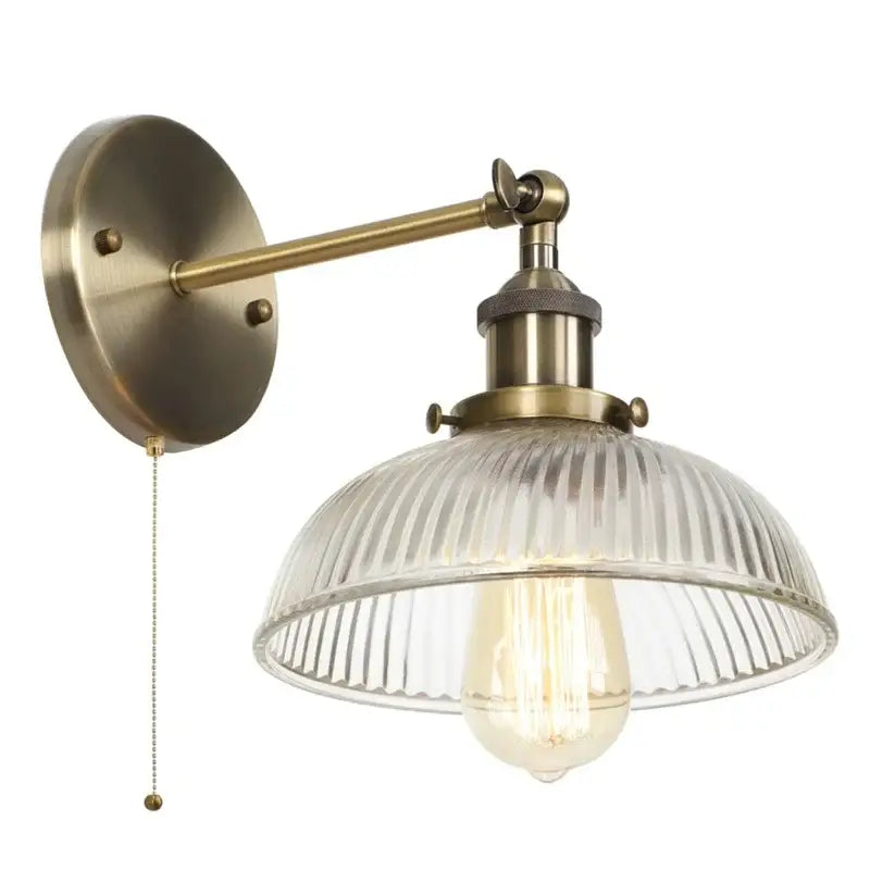 Vintage brass ribbed glass wall sconce bedroom light with pull chain