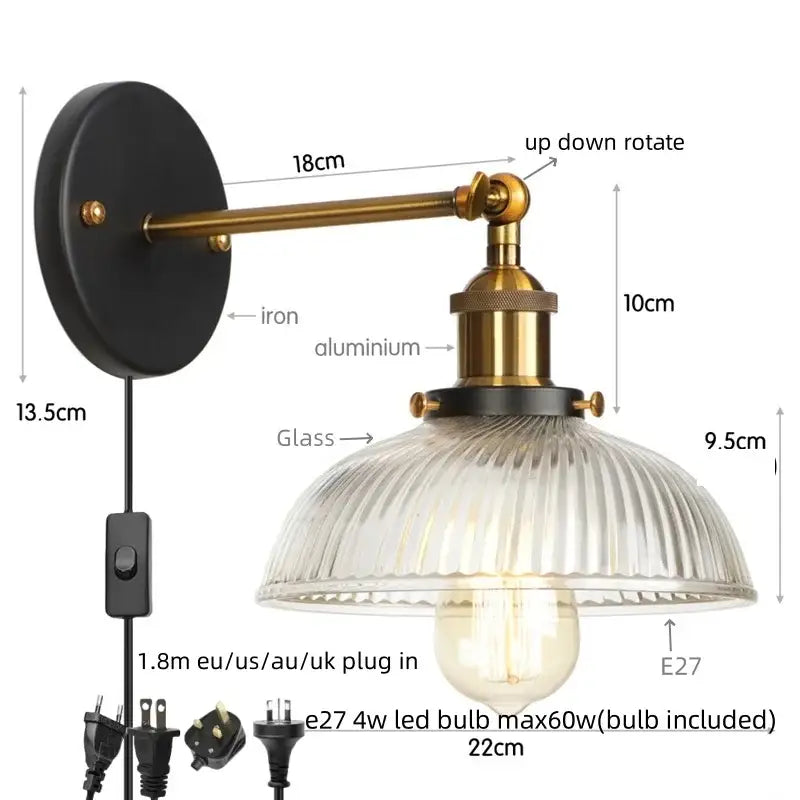 Vintage brass ribbed glass wall sconce bedroom light with pull chain