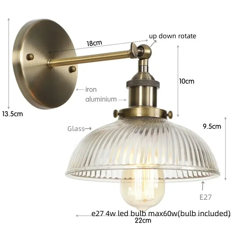 Vintage brass ribbed glass wall sconce bedroom light with pull chain