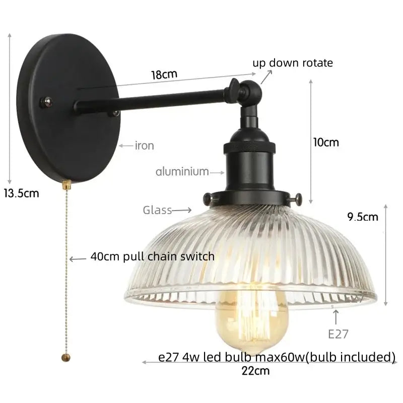 Vintage brass ribbed glass wall sconce bedroom light with pull chain