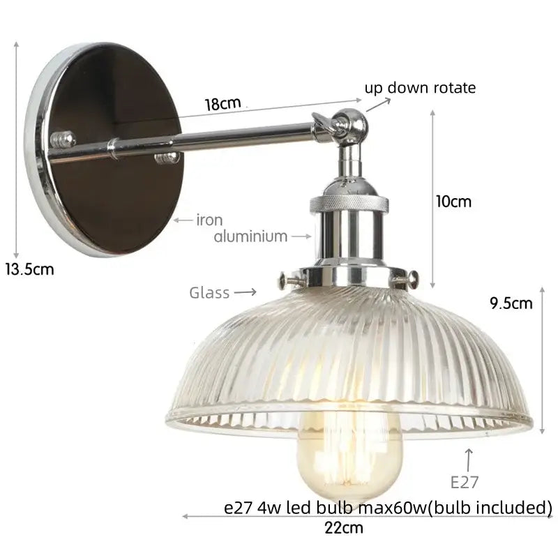 Vintage brass ribbed glass wall sconce bedroom light with pull chain