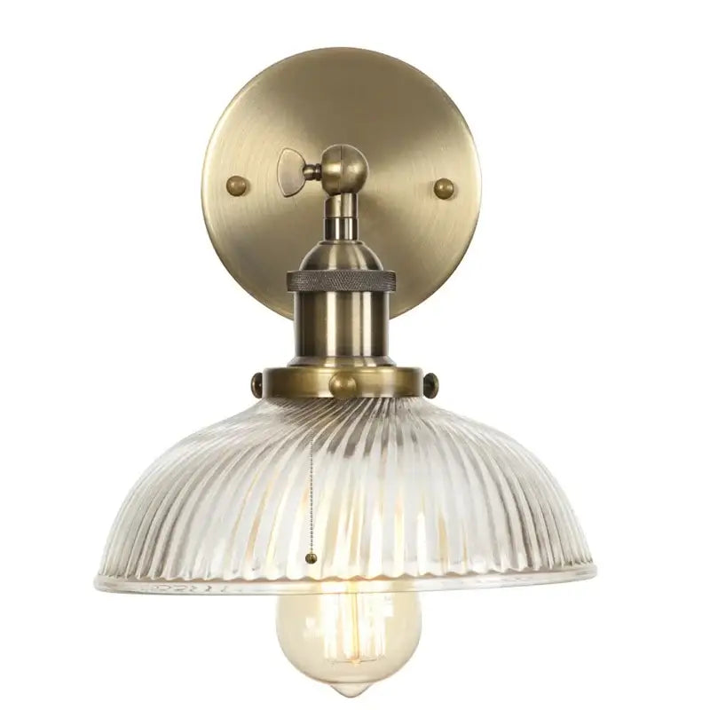 Vintage brass ribbed glass wall sconce bedroom light with pull chain