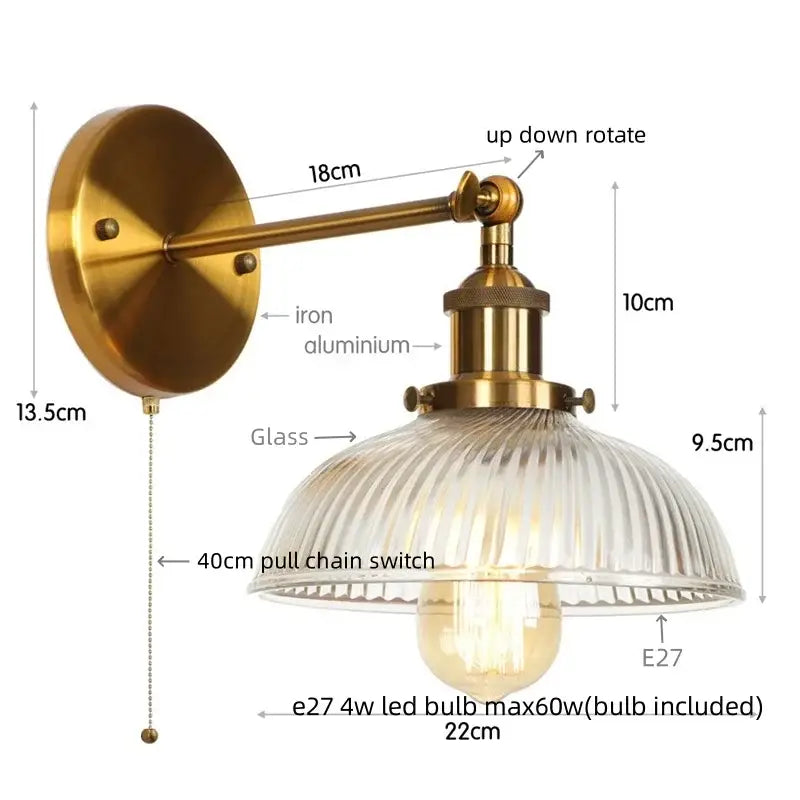 Vintage brass ribbed glass wall sconce bedroom light with pull chain