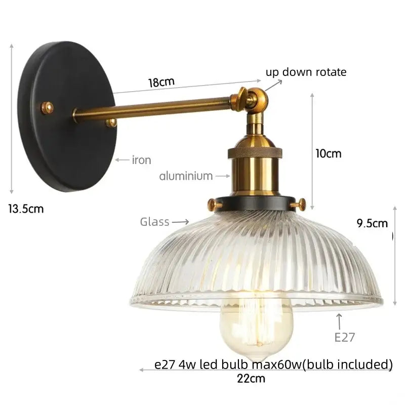Vintage brass ribbed glass wall sconce bedroom light with pull chain