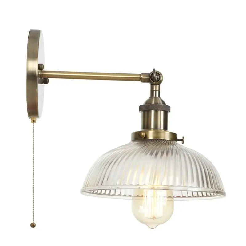 Vintage brass ribbed glass wall sconce bedroom light with pull chain