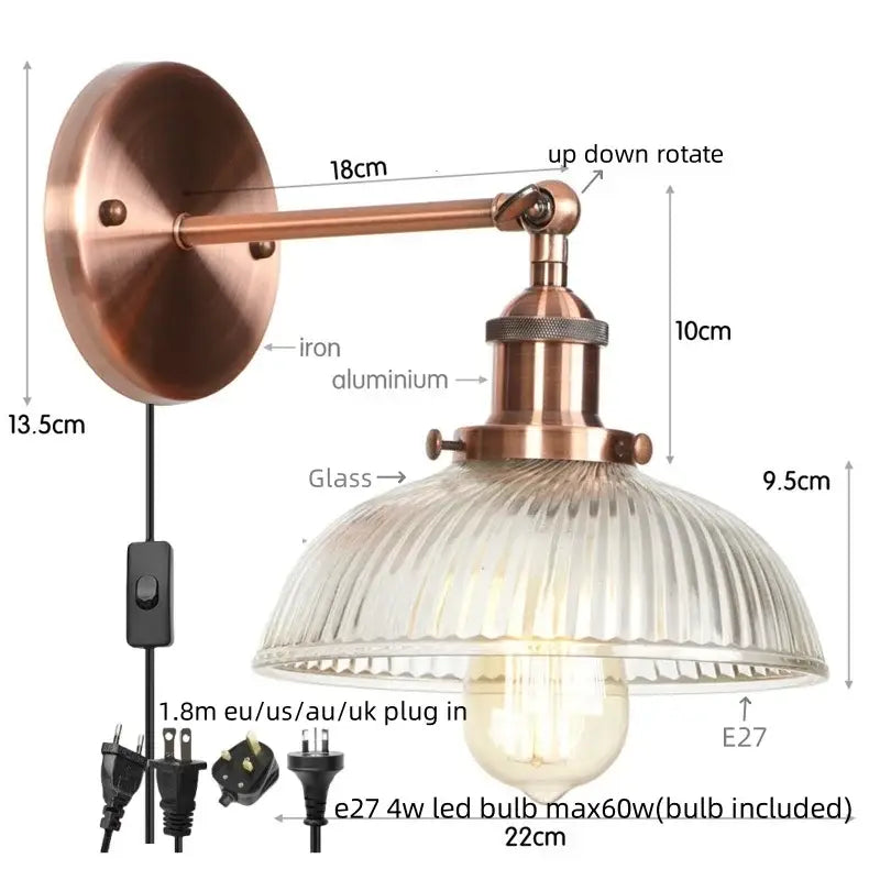 Vintage brass ribbed glass wall sconce bedroom light with pull chain