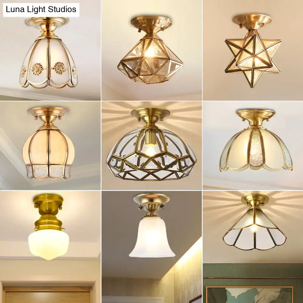 Vintage brass scallop semi flush mount bedroom light with etched glass