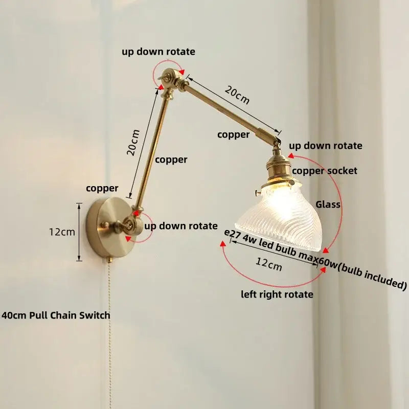 Vintage brass swing arm wall light fixture bedroom glass sconce