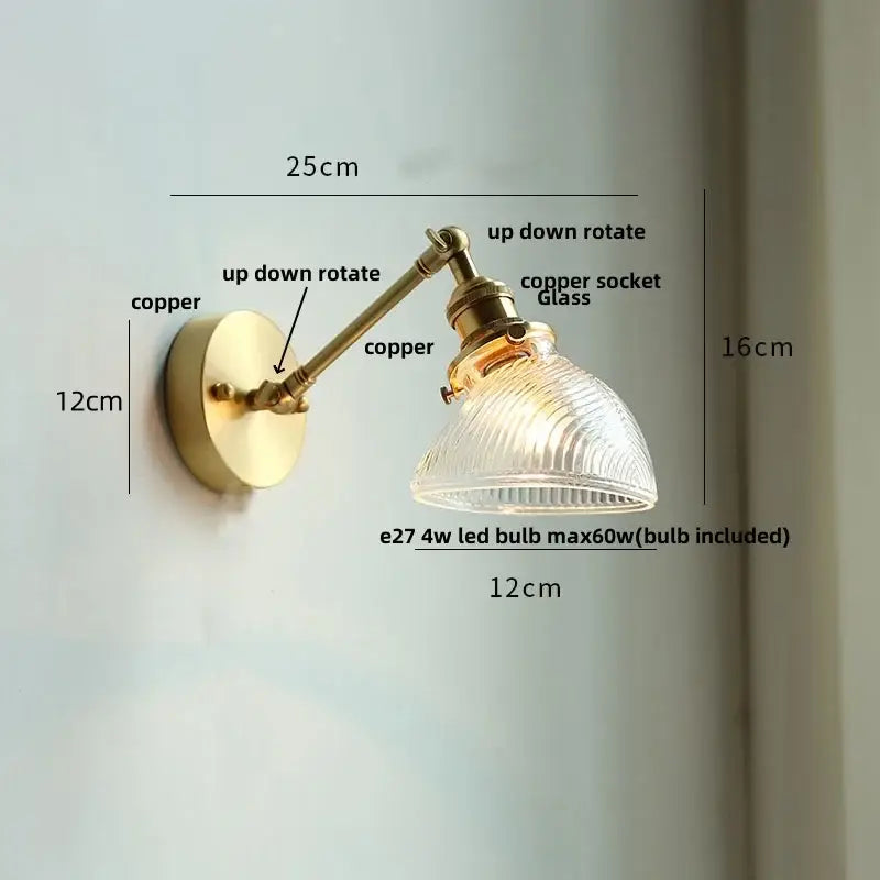 Vintage brass swing arm wall light fixture bedroom glass sconce