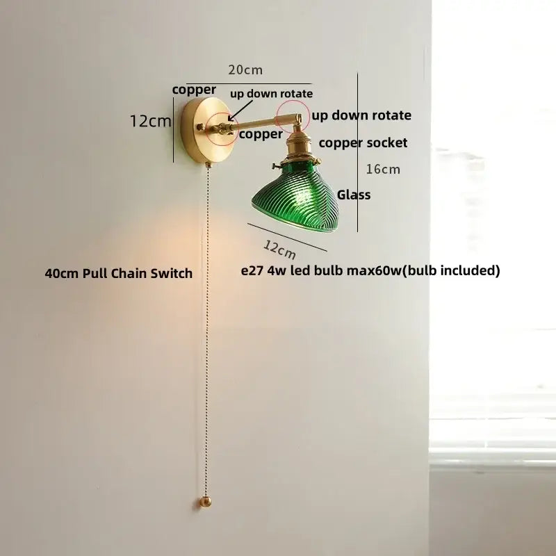 Vintage brass swing arm wall light fixture bedroom glass sconce