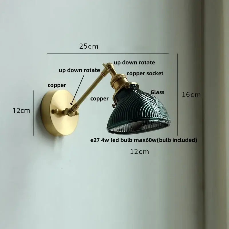 Vintage brass swing arm wall light fixture bedroom glass sconce
