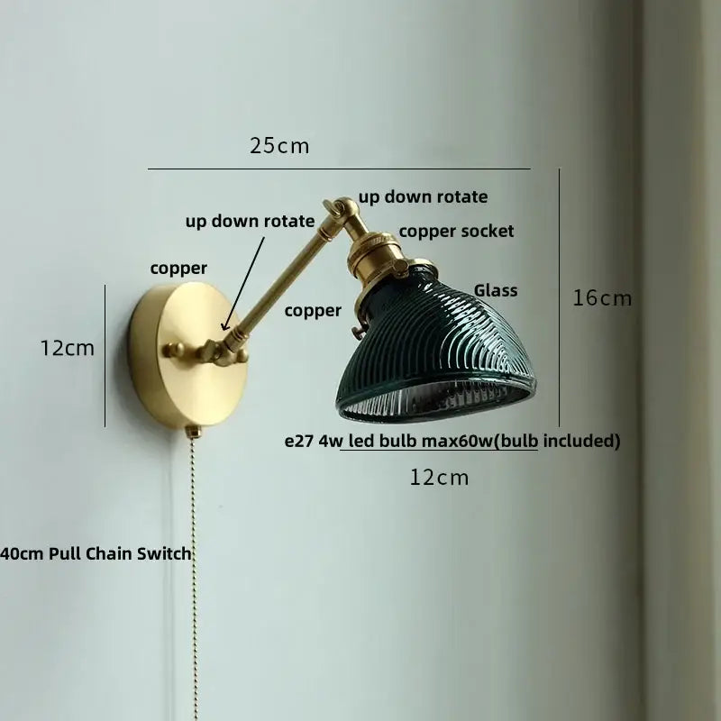 Vintage brass swing arm wall light fixture bedroom glass sconce