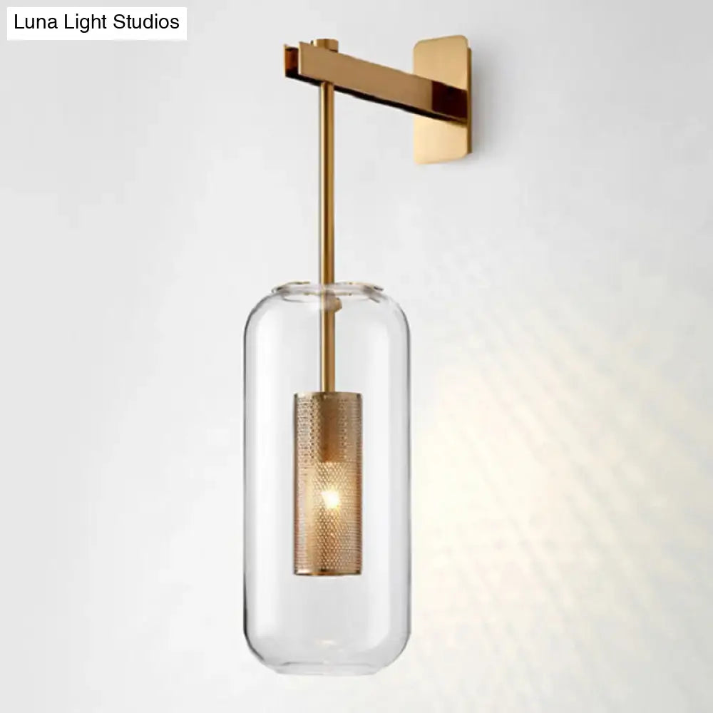 Vintage brass wall lamp with clear glass cylinder – living room sconce