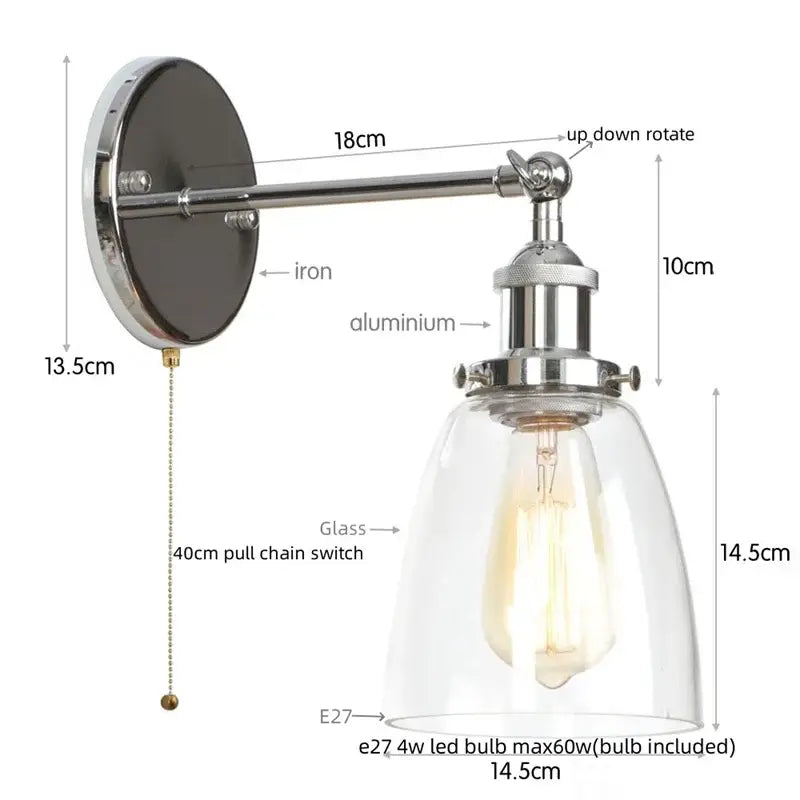 Vintage brass wall light fixture with glass dome for bedroom