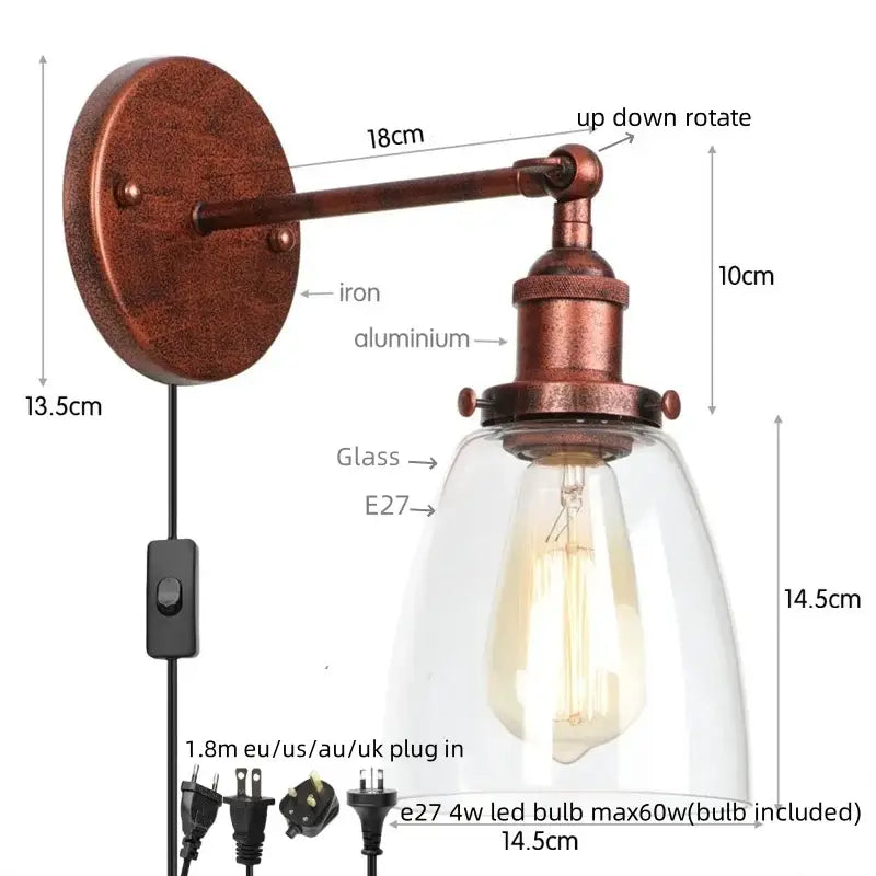 Vintage brass wall light fixture with glass dome for bedroom