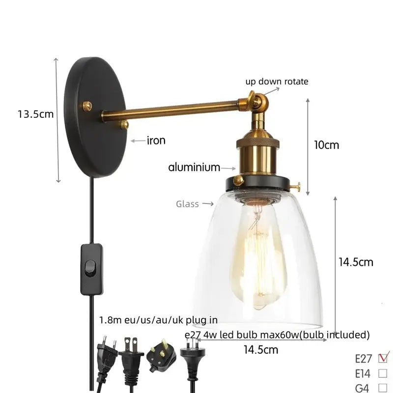 Vintage brass wall light fixture with glass dome for bedroom