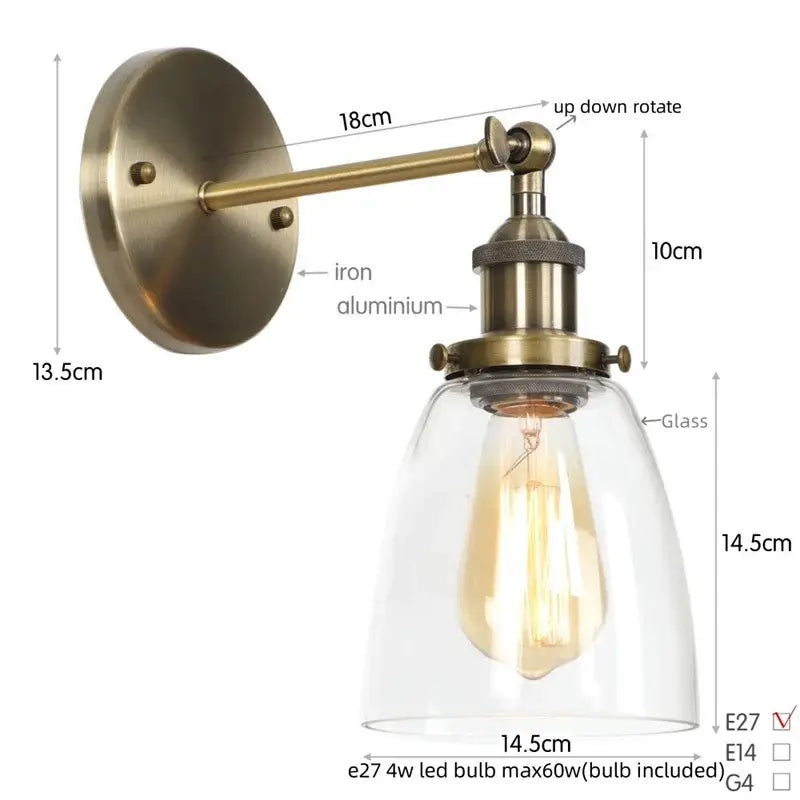 Vintage brass wall light fixture with glass dome for bedroom