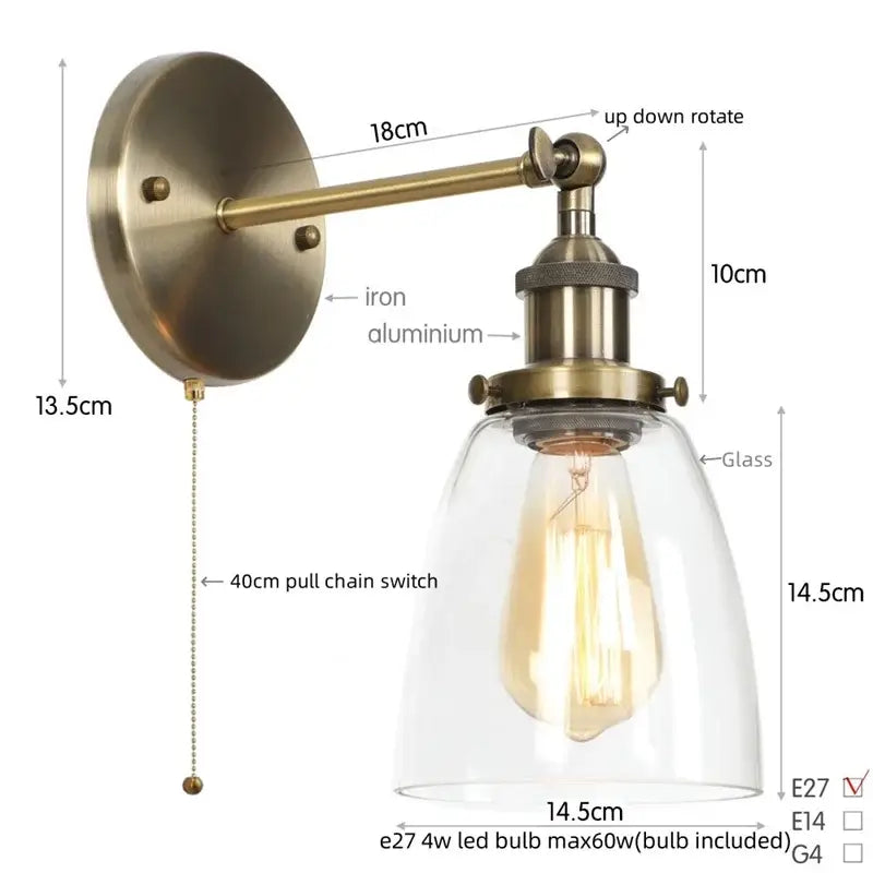 Vintage brass wall light fixture with glass dome for bedroom