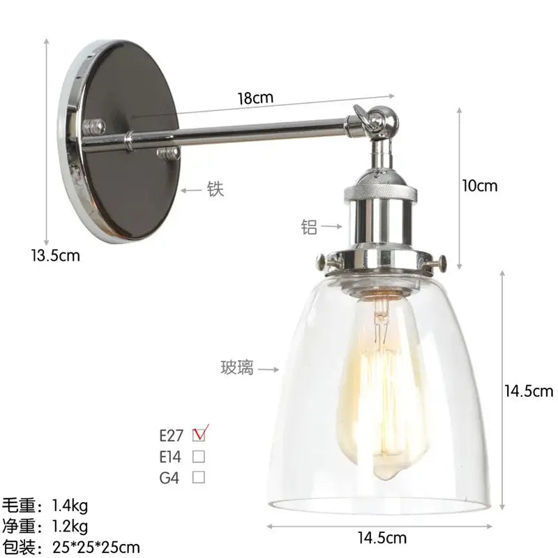 Vintage brass wall light fixture with glass dome for bedroom