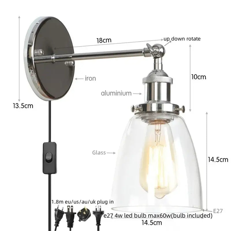 Vintage brass wall light fixture with glass dome for bedroom