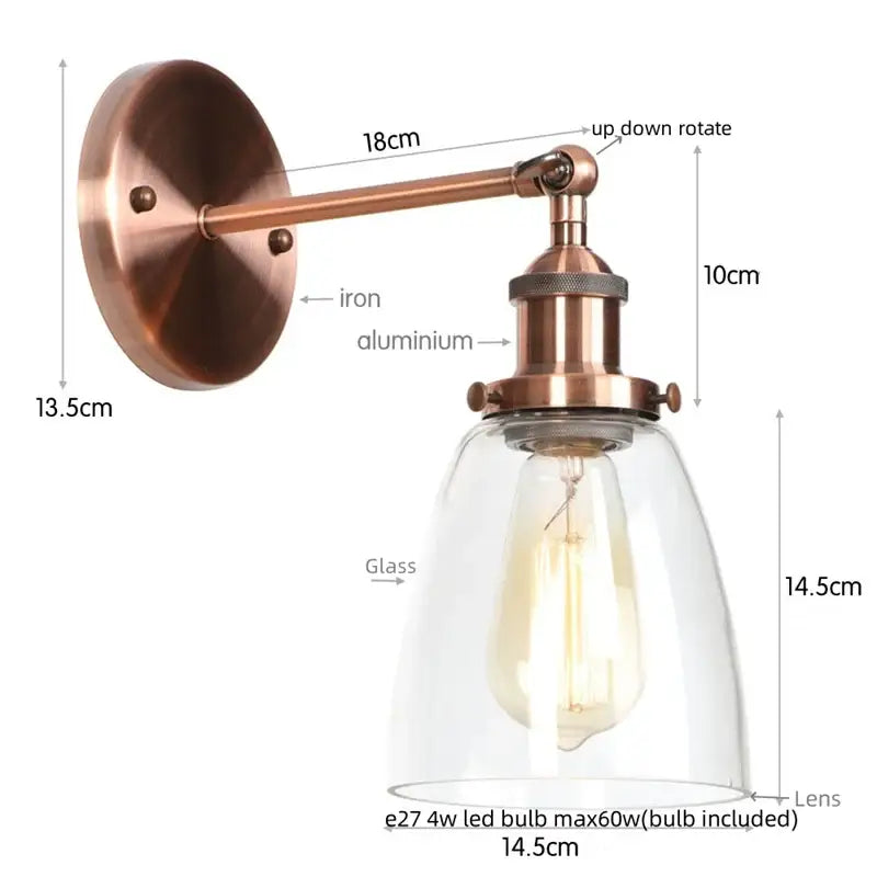 Vintage brass wall light fixture with glass dome for bedroom