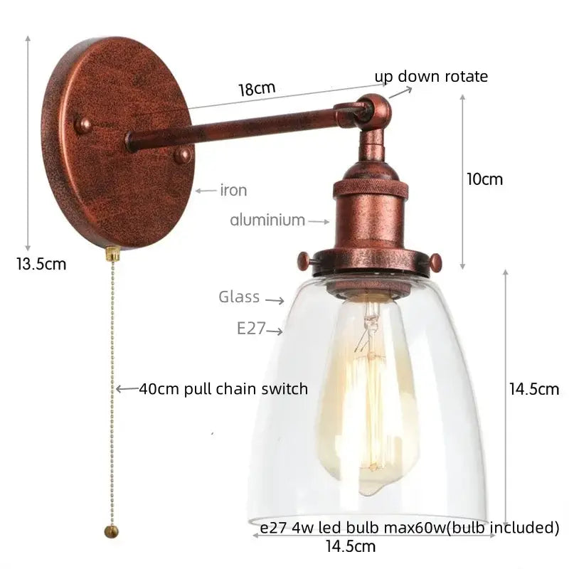Vintage brass wall light fixture with glass dome for bedroom