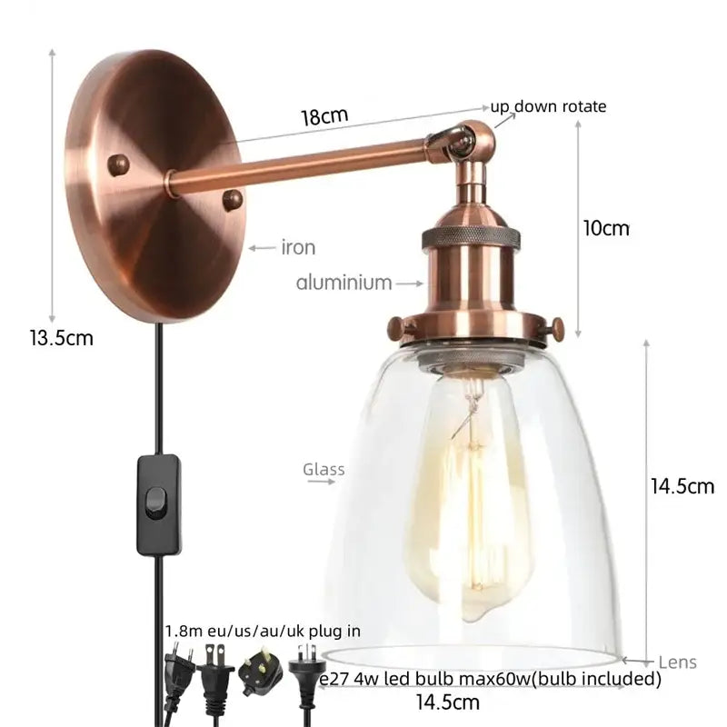 Vintage brass wall light fixture with glass dome for bedroom