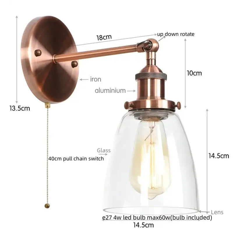 Vintage brass wall light fixture with glass dome for bedroom