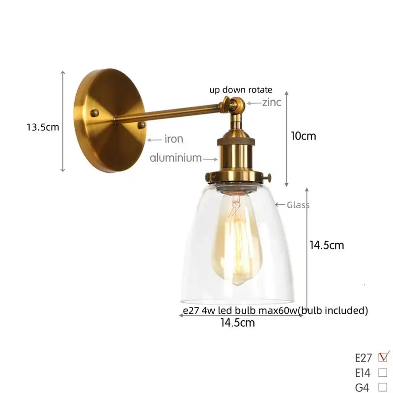 Vintage brass wall light fixture with glass dome for bedroom