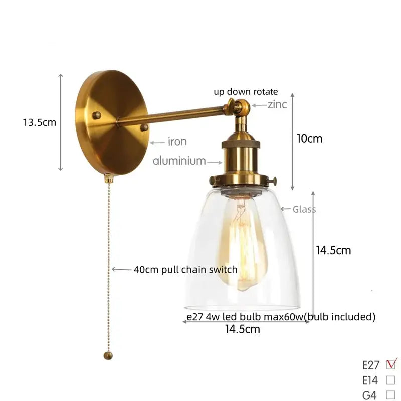 Vintage brass wall light fixture with glass dome for bedroom