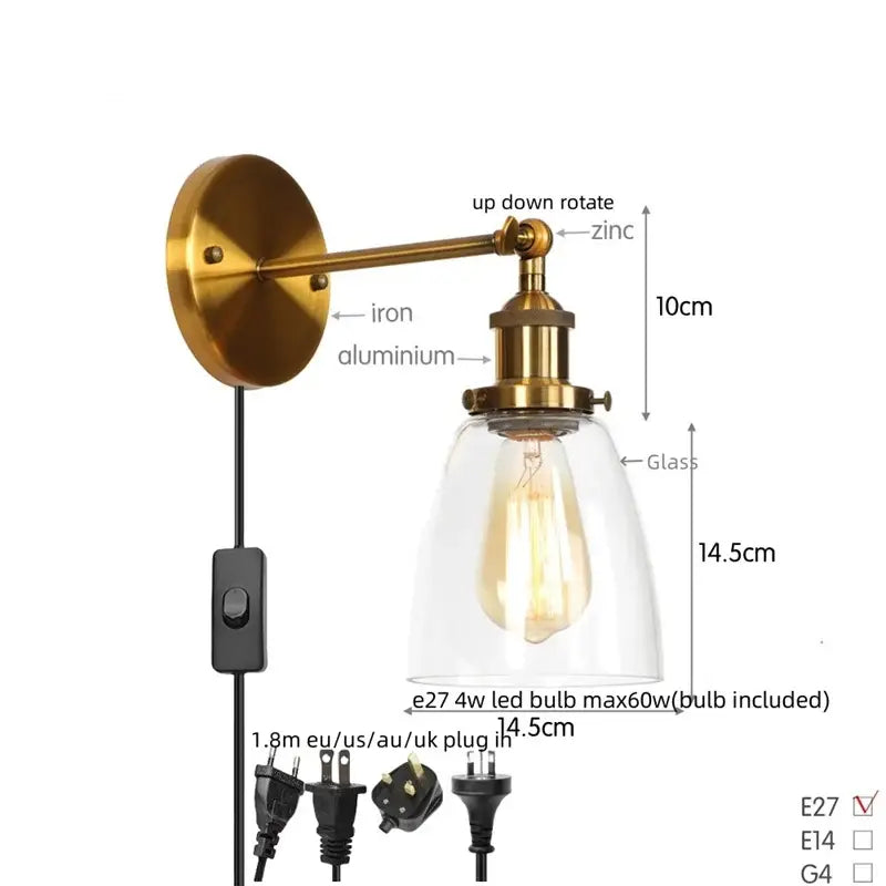 Vintage brass wall light fixture with glass dome for bedroom