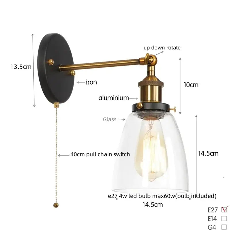 Vintage brass wall light fixture with glass dome for bedroom