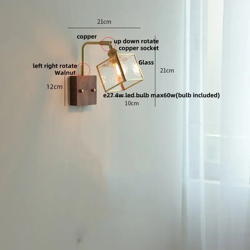 Vintage brass wall light with etched clear glass bedroom sconce