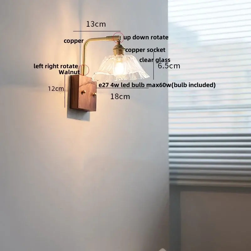 Vintage brass wall light with etched clear glass bedroom sconce