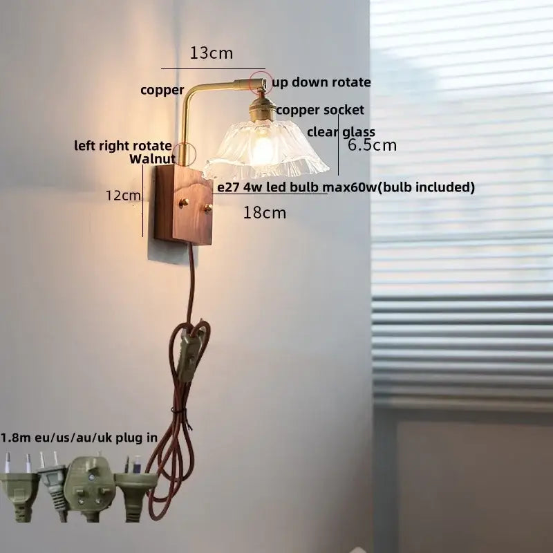 Vintage brass wall light with etched clear glass bedroom sconce