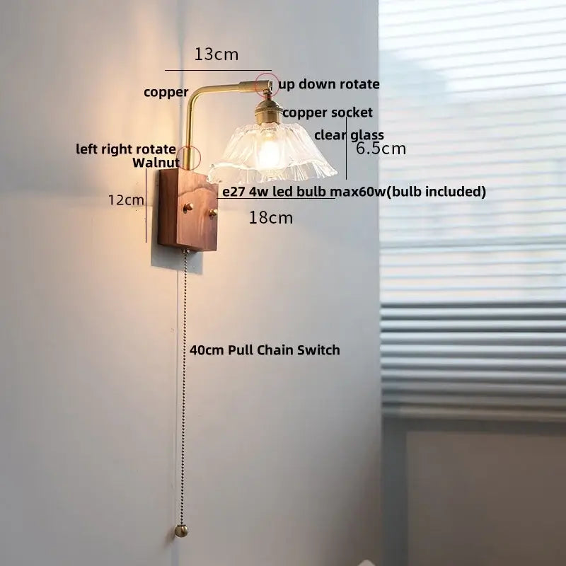 Vintage brass wall light with etched clear glass bedroom sconce