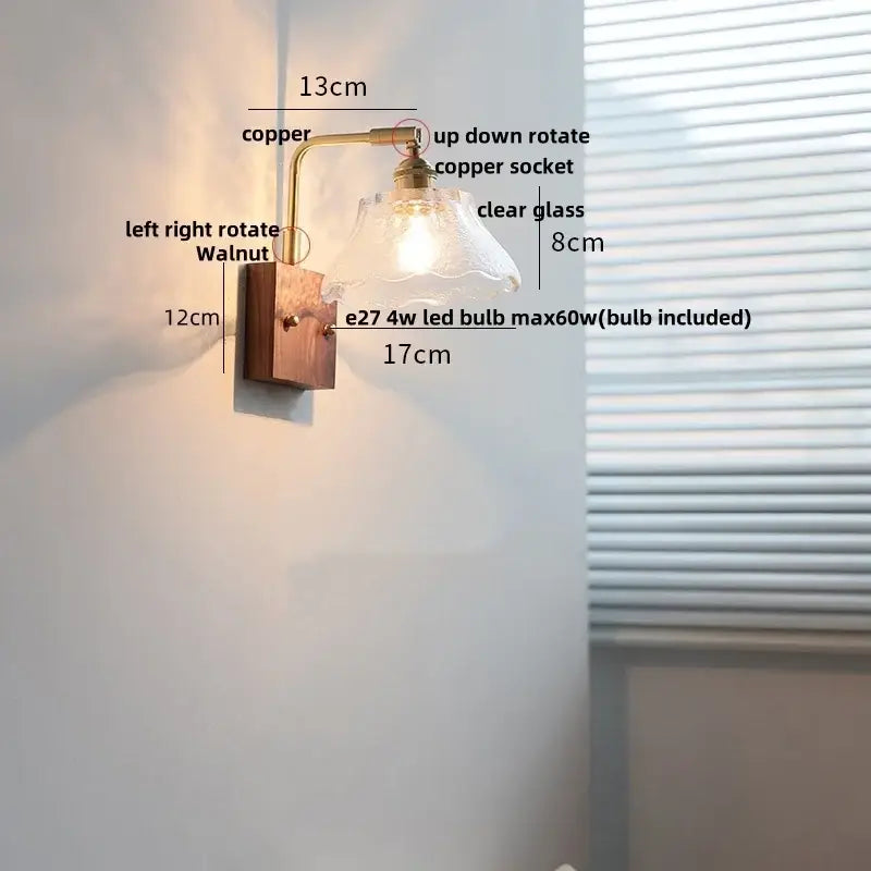 Vintage brass wall light with etched clear glass bedroom sconce