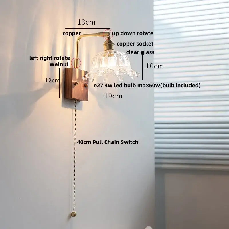 Vintage brass wall light with etched clear glass bedroom sconce
