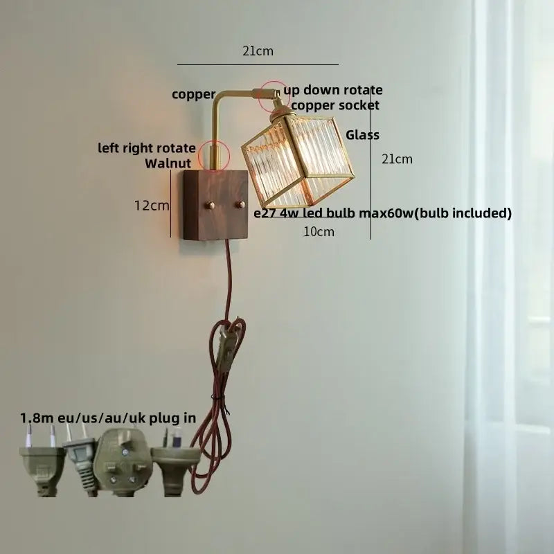 Vintage brass wall light with etched clear glass bedroom sconce