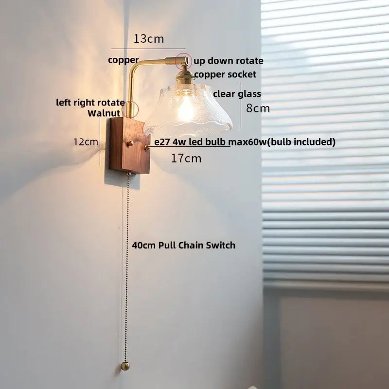 Vintage brass wall light with etched clear glass bedroom sconce