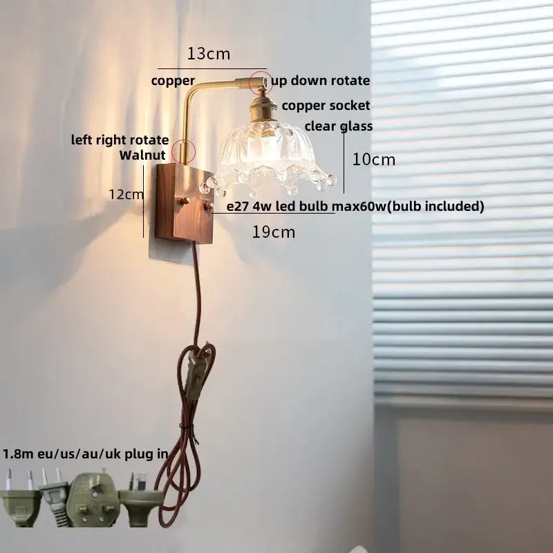 Vintage brass wall light with etched clear glass bedroom sconce