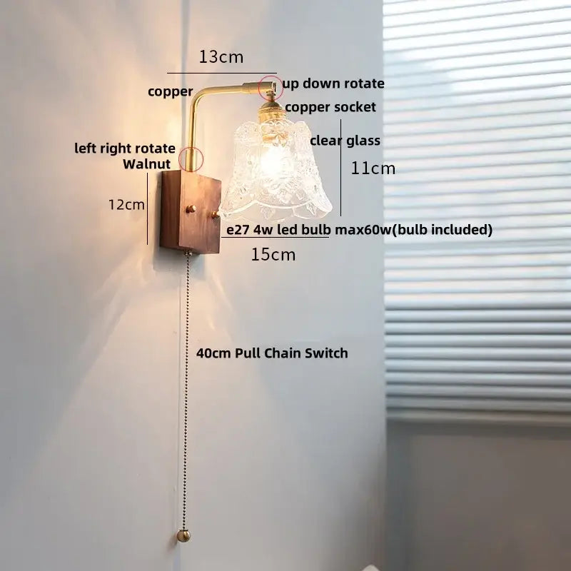 Vintage brass wall light with etched clear glass bedroom sconce