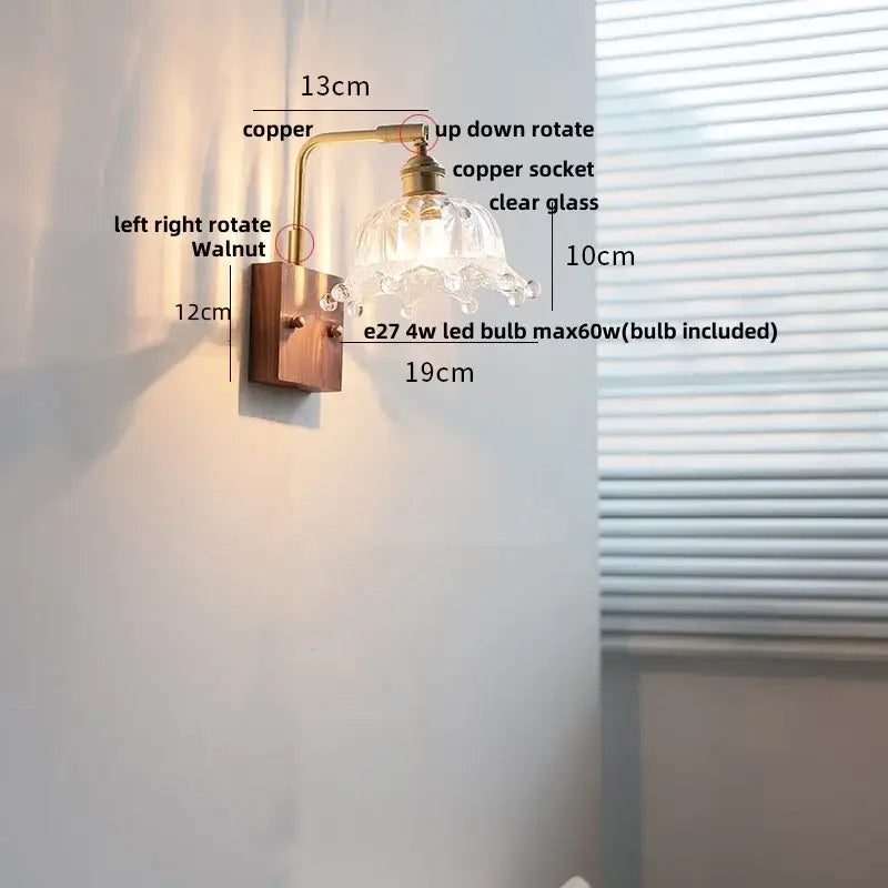 Vintage brass wall light with etched clear glass bedroom sconce
