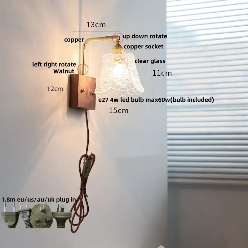 Vintage brass wall light with etched clear glass bedroom sconce