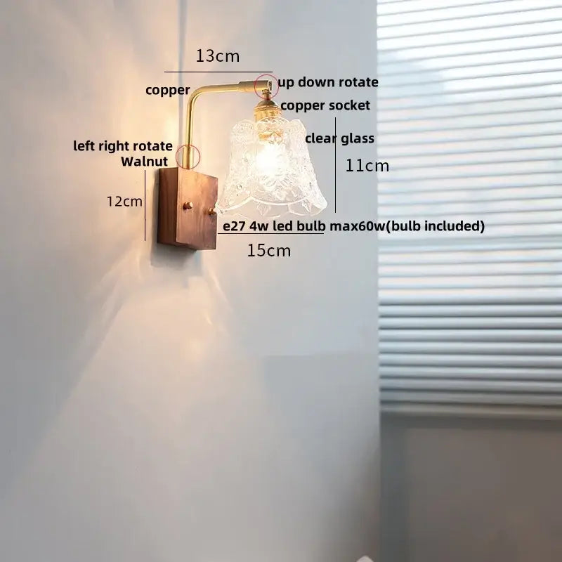 Vintage brass wall light with etched clear glass bedroom sconce