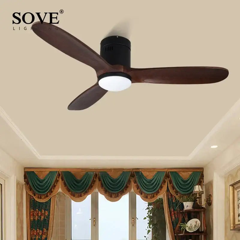 Vintage brown wood ceiling fan with remote control for living room